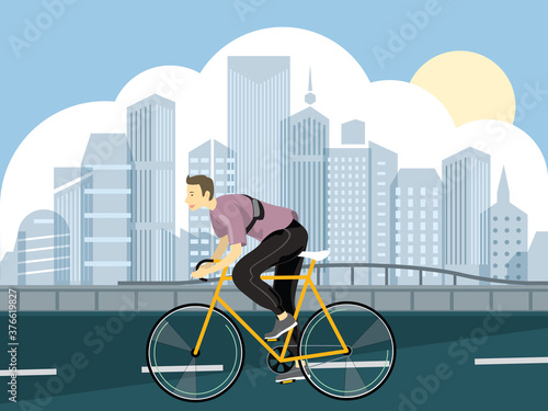 A man riding bicycle on a park road in city skyline background vector illustration design