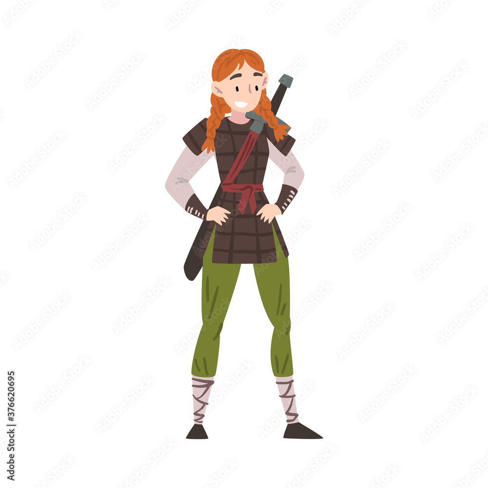 Girl Viking, Medieval Warrior with Sword, Scandinavian Mythology Character in Traditional Outfit Cartoon Style Vector Illustration Girl Viking, Medieval Warrior with Sword, Scandinavian Mythology Character in Traditional Outfit Cartoon Style Vector Illustration