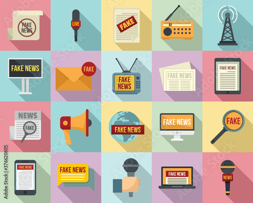 Fake news icons set. Flat set of fake news vector icons for web design