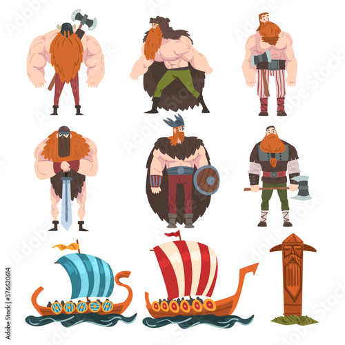 Vikings with Ancient Weapon Set, Medieval Male and Female Warriors, Scandinavian Mythology Characters in Traditional Outfit Cartoon Style Vector Illustration