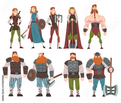 Vikings with Weapon and Ancient Draccar Set, Medieval Male and Female Warriors, Scandinavian Mythology Characters in Traditional Outfit Cartoon Style Vector Illustration