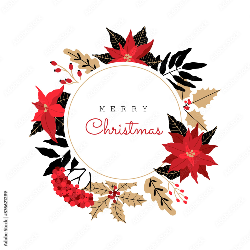 Christmas greeting card, wreath with winter plants, poinsettia, holly berry, laurel, traditional symbol. Vector illustration in Scandinavian style, isolated on white background. Christmas greeting card, wreath with winter plants, poinsettia, holly berry, laurel, traditional symbol. Vector illustration in Scandinavian style, isolated on white background.