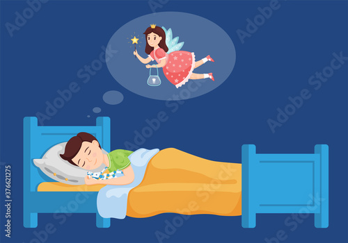 A boy sleeps in bed with his arms around a robot toy and a tooth in his hand. A cartoon character smiles and dreams of a tooth fairy. Children's illustration in a flat style on a blue background.
