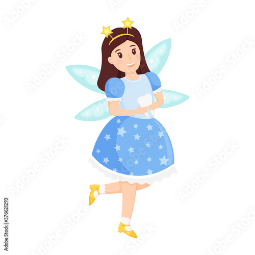 Tooth fairy, Princess with a tooth in her hands flying on wings. Cute cartoon character in a dress is smiling. The girl-elf. Vector illustration for children isolated on white background.Flat style.