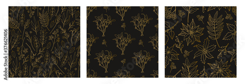 Set of Christmas seamless pattern, with gold plants. Poinsettia, holly berry, and laurel leaves in doodle line style, modern ornate for New Year, decoration on black background.
