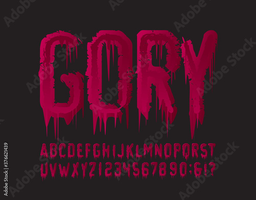 Gory alphabet font. Blood grunge letters and numbers. Hand drawn vector typography for your Halloween typography.