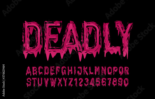 Deadly alphabet font. Blood messy letters and numbers. Hand drawn vector typography for your Halloween typography.