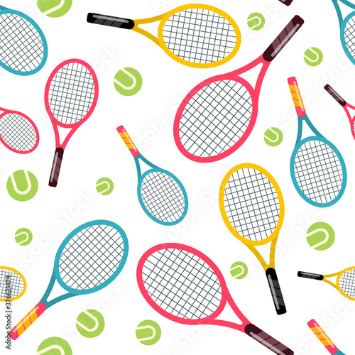 Tennis Rackets and Balls Seamless Vector Pattern with White Background © handatko