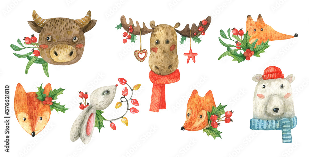 Obraz premium watercolor set on a Christmas theme with an illustration of New Year's cute animals (fox, bear, elk, bull, hare) decorated with festive decor