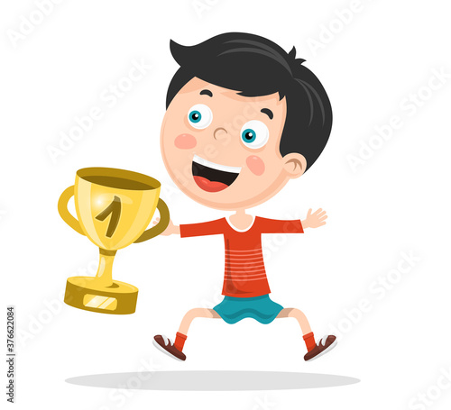 Kid Holding First Place Gold Cup Award. Young Champion Vector Illustration.