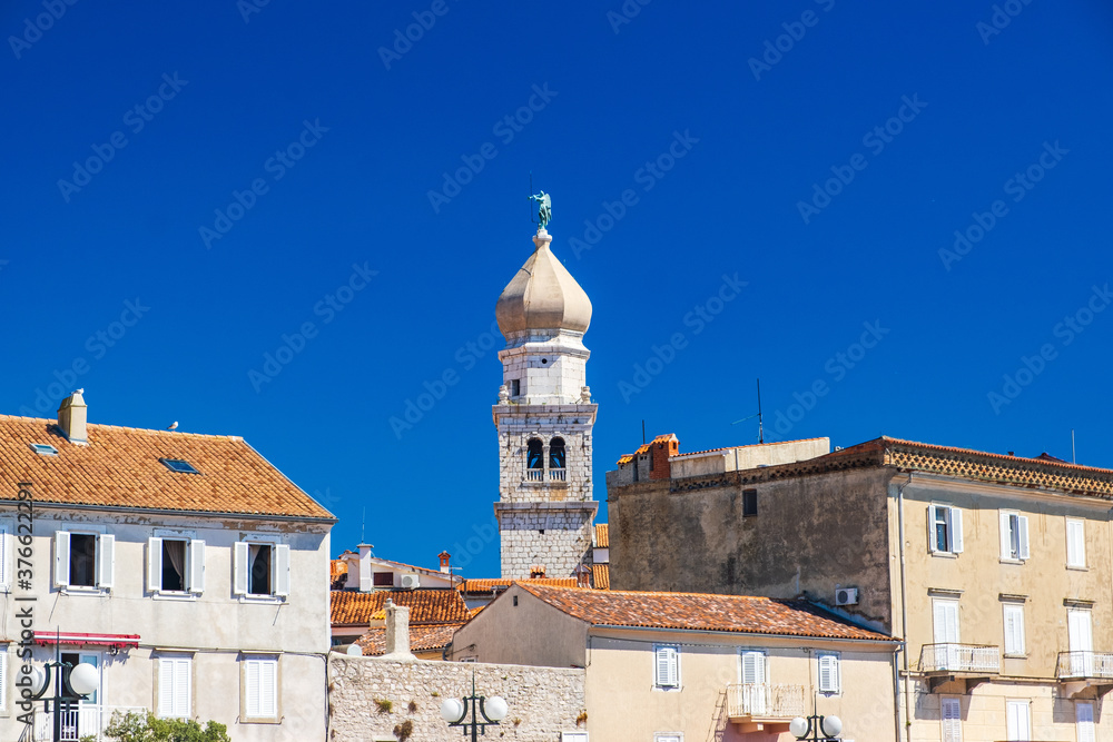 Town of Krk in Croatia, cathedral tower and cityscape
