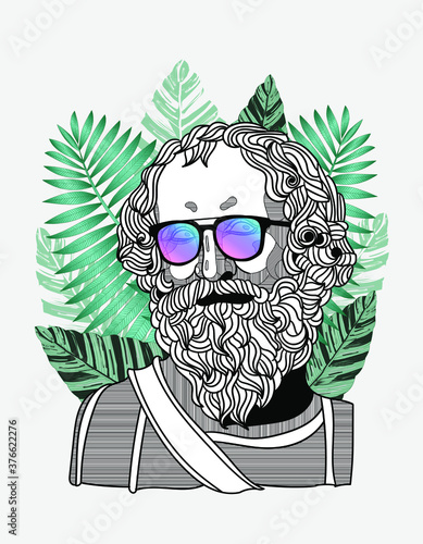 Archimedes. Vector illustration hand-drawn.  Hipster portrait with glasses and tropical leaves. Summer style.