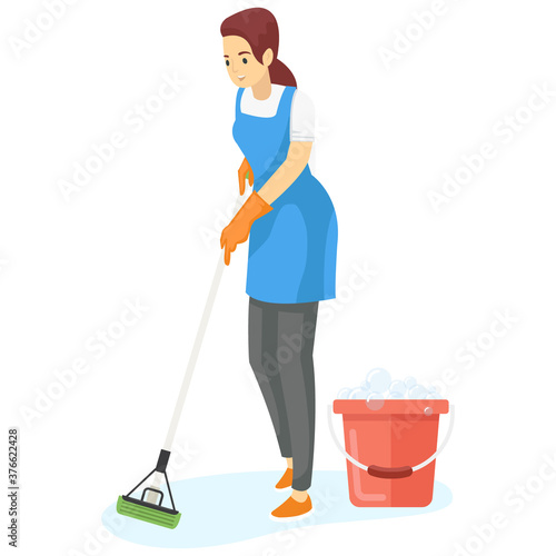 A cleaning service is mopping the floor using a mop