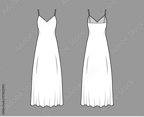 Strap sun dress technical fashion illustration with deep V-neck, maxi ancle length, loose shape, semi-sircular fullness. Flat apparel template front back white color. Women, men, unisex top CAD mockup