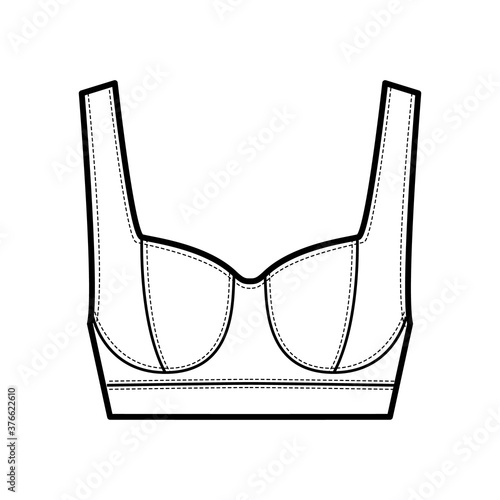 Jewel cropped bustier top technical fashion illustration with wide shoulder strap, flattering curved molded cups, close fit. Flat apparel template front, white color. Women men unisex shirt CAD mockup