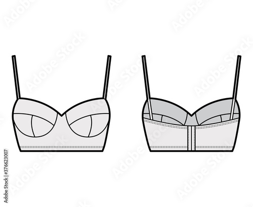 Bustier top technical fashion illustration with cropped length, molded cups, spaghetti straps. Flat bra swimwear lingerie template front, back, grey color. Women, men, unisex underwear CAD mockup. 