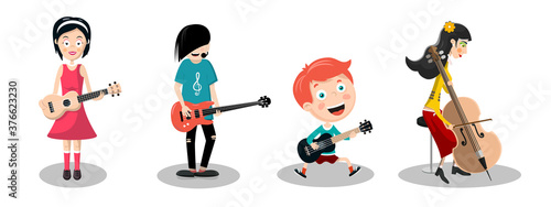 People Playing Musical Instruments. Boy, Man and Women Vector Illustration. Music Band with Ukulele Guitars, Bass Guitar and Cello Cartoon.