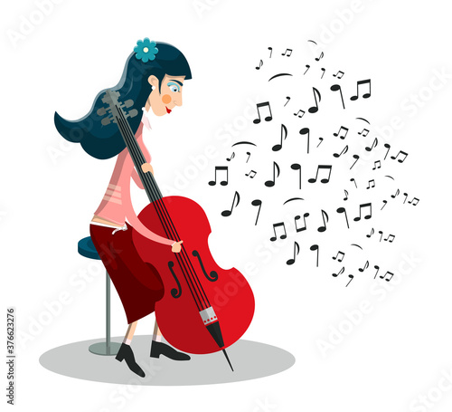 Woman Playing Cello with Notes Isolated on White Background Vector Illustration