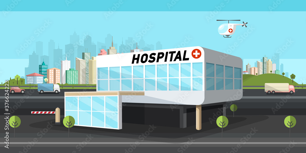 Hospital Building Vector Illustration with City on Background