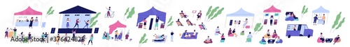 Outdoor performance or recreation with eating, dancing, chilling and listening music people. Characters at summer open air festival isolated on white. Flat vector cartoon illustration of indie party