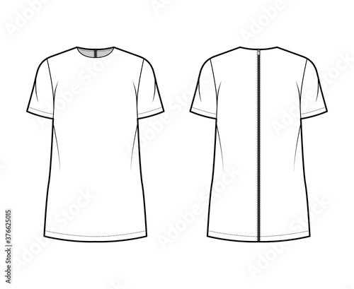 Cady tunic technical fashion illustration with crew neckline, short sleeves, oversized, back zip fastening, elongated hem. Flat apparel shirt template front back white color. Women men top CAD mockup