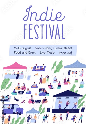 Advertising poster for indie music festival with place for text. Promotional placard for open air event with markets and disco summer party. Vertical flat vector illustration with chilling people