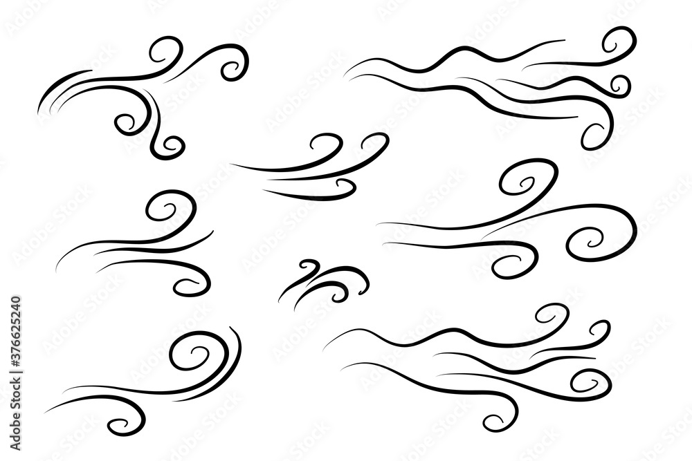 Hand drawn air wind doodle blow. Handmade sketch symbols set gust design on a white background. vector illustration graphic design elements.