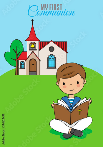 First communion card.  Boy reading the bible with church behind.