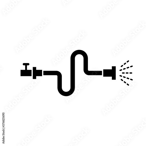 Silhouette of Flexible hose connected to tap with jet of water. Outline icon of irrigation. Black simple illustration of bent pipe with water leakage. Flat isolated vector pictogram, white background