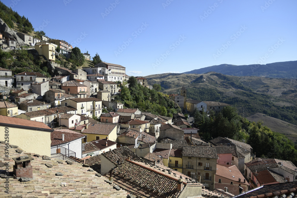 Panoramic view of Pietrapertosa, an old town in the mountains of the Basilicata region, Italy.