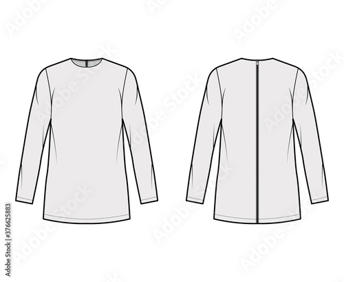 Cady tunic technical fashion illustration with crew neckline, long sleeves, oversized, back zip fastening, elongated hem. Flat shirt template front back grey color. Women men, unisex top CAD mockup