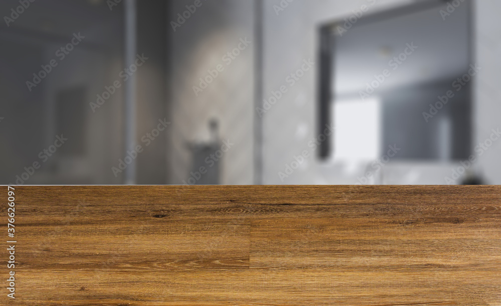 Modern bathroom including bath and sink. 3D rendering.. Abstract blur phototography. wooden table on blurred background. Modern bathroom including bath and sink. 3D rendering.. Abstract blur phototography. wooden table on blurred background.