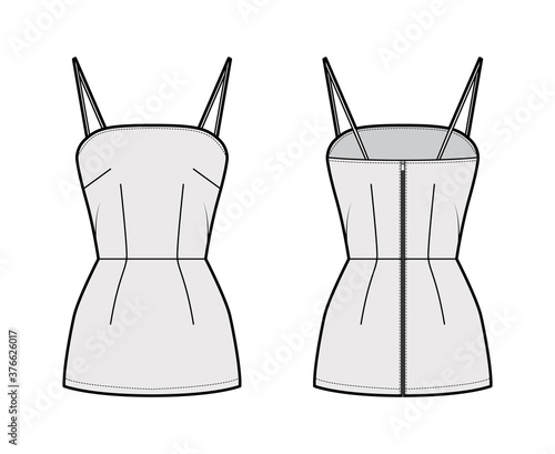 Camisole slip top technical fashion illustration with spaghetti straps, slim fit, elongated hem, back zip fastening. Flat outwear tank apparel template front, back grey color. Women unisex CAD mockup
