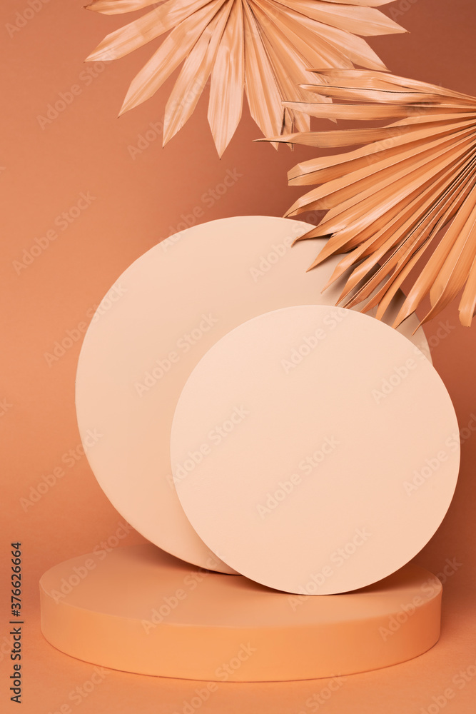Fototapeta premium Luxury circle podium with palm leaves and frames on orange background. Concept scene stage showcase, for product, promotion, sale, banner, presentation, cosmetic. Minimal showcase mock up concept.