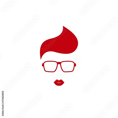 Beautiful stylish lady icon. Red silhouette of woman's head in hipster glasses with red lips.