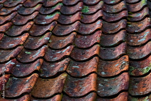 Close-up of weathered old clay roof tiles in red or orange colors.