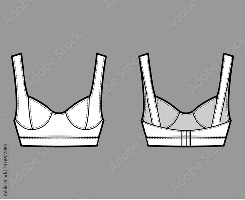 Jewel cropped bustier top technical fashion illustration with wide shoulder strap, flattering curved molded cups, close fit. Flat template front, back, white color. Women men unisex shirt CAD mockup