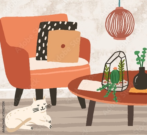 Cozy room interior with comfortable armchair and pillows on it. Sleeping cat near modern coffee table with houseplant in vase and florarium. Hygge design. Vector textured illustration in flat style