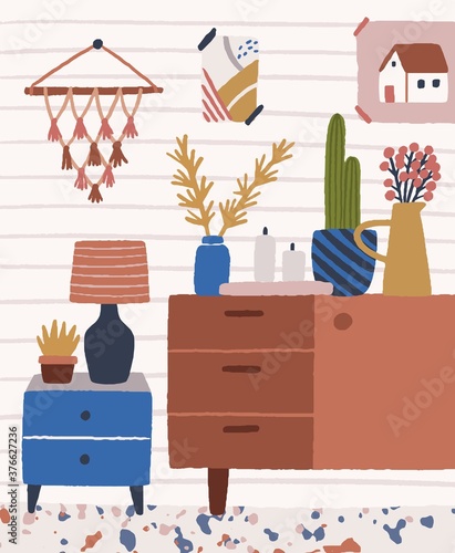 Cozy room interior with wooden chest of drawers and vases with flowers on it. Hallway or bedroom with nightstand and decorated walls in hygge style. Flat vector textured illustration of home design