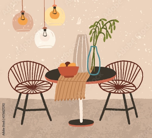 Interior design of cozy dining room with modern furniture and lamps above round table with vases and tablecloth on it. Flat vector textured illustration of hygge home decor in scandinavian style