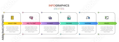 Concept of shopping process with 6 successive steps. Six colorful graphic elements. Timeline design for brochure, presentation, web site. Infographic design layout.