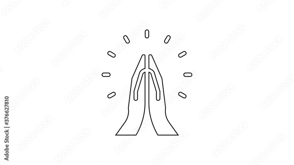 Black line Hands in praying position icon isolated on white background. Prayer to god with faith and hope. 4K Video motion graphic animation. Black line Hands in praying position icon isolated on white background. Prayer to god with faith and hope. 4K Video motion graphic animation.