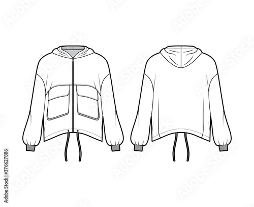 Zip-up hooded paneled track jacket technical fashion illustration with utility flap pockets, oversized, long sleeves, drawcord hem. Flat coat template front, back white color. Women men unisex top CAD