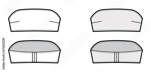 Bustier tube bandeau top technical fashion illustration with back hook fastenings, cropped length . Flat bra swimwear lingerie template front white grey color. Women men unisex underwear CAD mockup