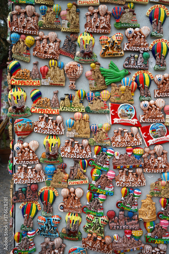Close up colorful Turkish magnets displayed at local souvenir gift store- Cappadocia (kapadokya)