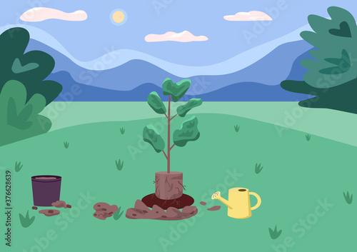 Park and recreation area flat color vector illustration. Planting process. Planting stock. Rural beautification. Municipal forestry 2D cartoon landscape with green scenery on background