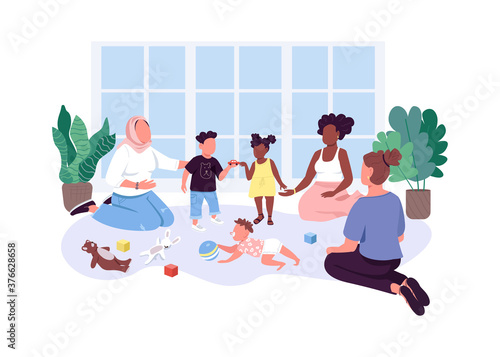 Mom-baby group flat color vector faceless characters. Mothers spend time with their children. Momunity. Motherhood. Mommy club isolated cartoon illustration for web graphic design and animation
