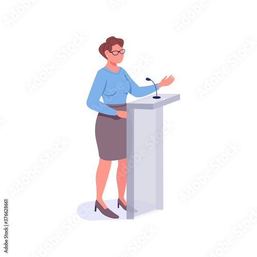 Female speaker flat color vector faceless character. Motivational mentor. Women in leadership. Lady political activist. Businesswoman isolated cartoon illustration for web graphic design and animation
