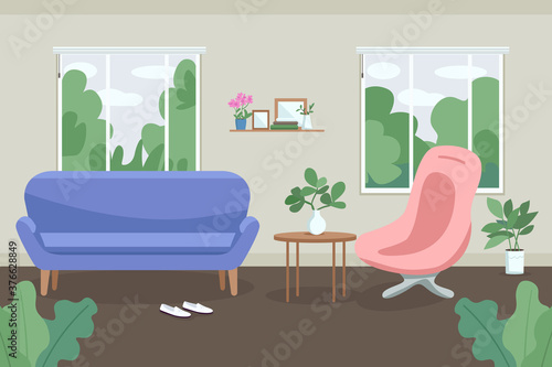 Therapy, consulting cabinet flat color vector illustration. Workplace design. Living-room, study, parlor. Work-bench. 2D cartoon interior with armchairs and big windows on background