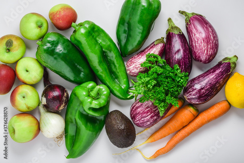 An assortment of fresh fruits and vegetables, top view